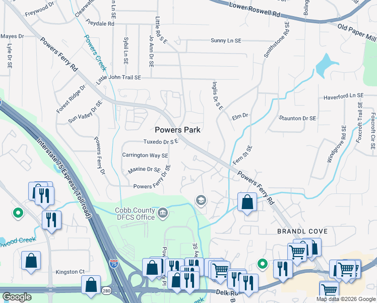 map of restaurants, bars, coffee shops, grocery stores, and more near 790 Powers Ferry Road in Marietta