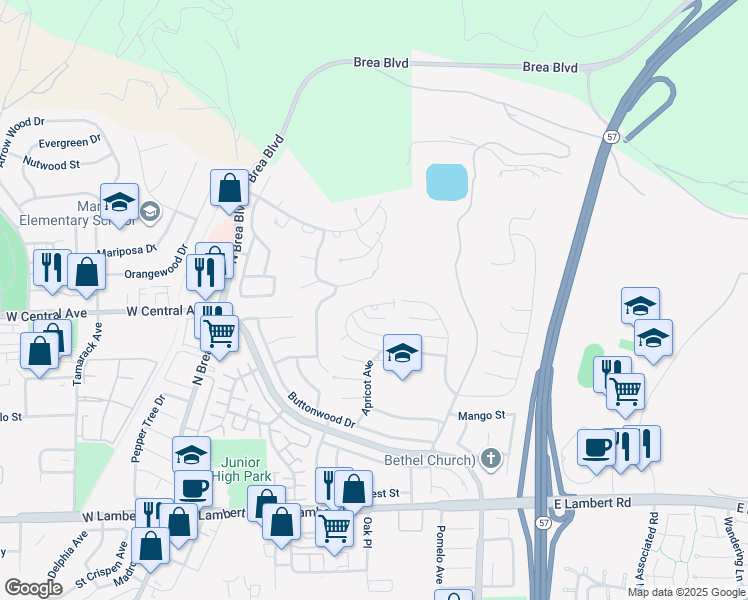 map of restaurants, bars, coffee shops, grocery stores, and more near 915 Kings Canyon Road in Brea