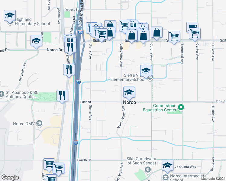 map of restaurants, bars, coffee shops, grocery stores, and more near 3498 Valley View Avenue in Norco