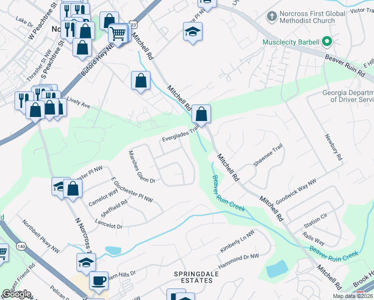 map of restaurants, bars, coffee shops, grocery stores, and more near 2307 Marshes Glenn Drive Northwest in Norcross
