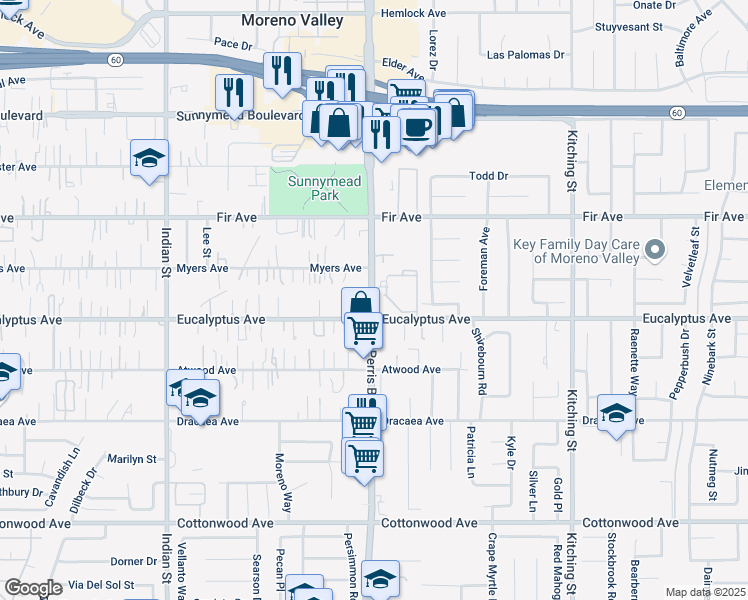 map of restaurants, bars, coffee shops, grocery stores, and more near 12865 Perris Boulevard in Moreno Valley