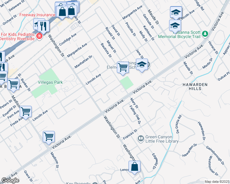 map of restaurants, bars, coffee shops, grocery stores, and more near 6912 Harvest Lane in Riverside