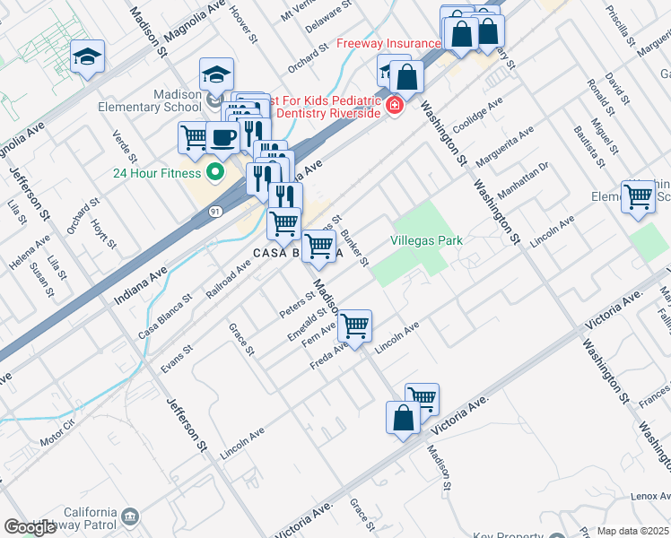 map of restaurants, bars, coffee shops, grocery stores, and more near 7459 Ysmael Villegas Street in Riverside