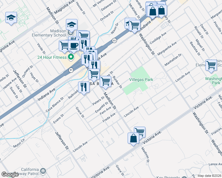 map of restaurants, bars, coffee shops, grocery stores, and more near 7434 Diamond Street in Riverside