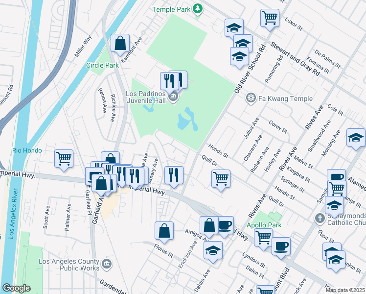 map of restaurants, bars, coffee shops, grocery stores, and more near 7281 Quill Drive in Downey