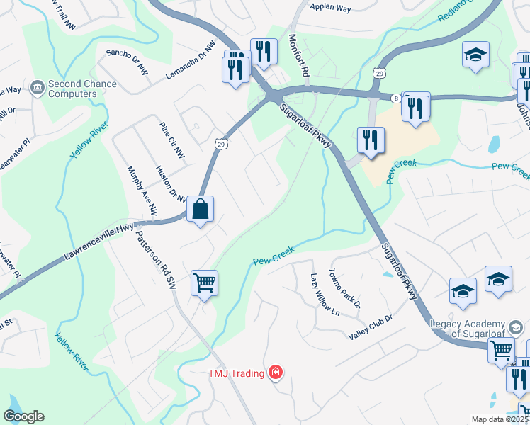 map of restaurants, bars, coffee shops, grocery stores, and more near 1738 Cannonball Court Northwest in Lawrenceville