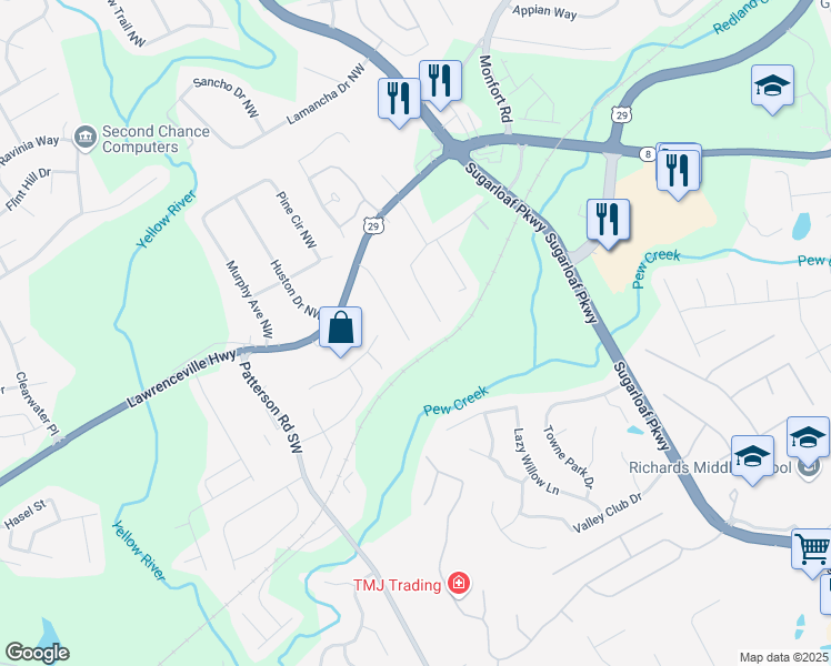 map of restaurants, bars, coffee shops, grocery stores, and more near 93 Davis Mill Court in Lawrenceville