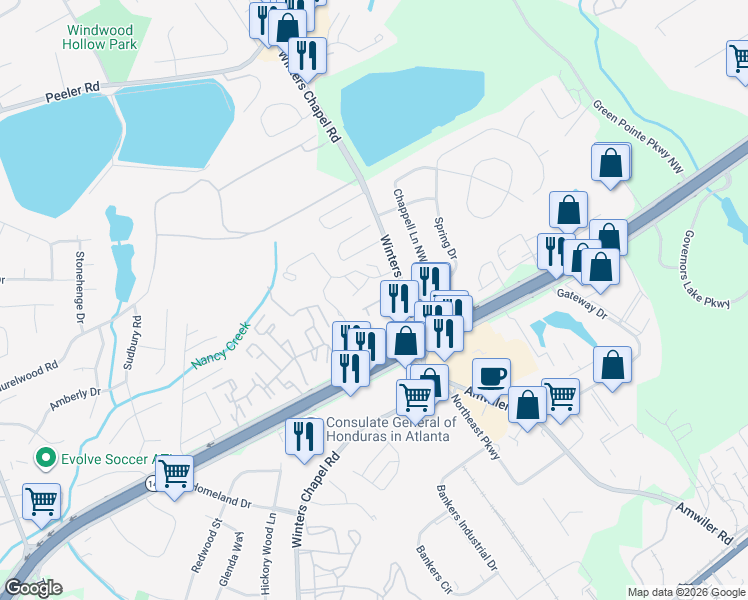 map of restaurants, bars, coffee shops, grocery stores, and more near 4650 Peachtree Place Parkway in Atlanta