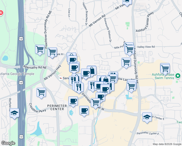 map of restaurants, bars, coffee shops, grocery stores, and more near 4636 Ridgeview Road in Atlanta