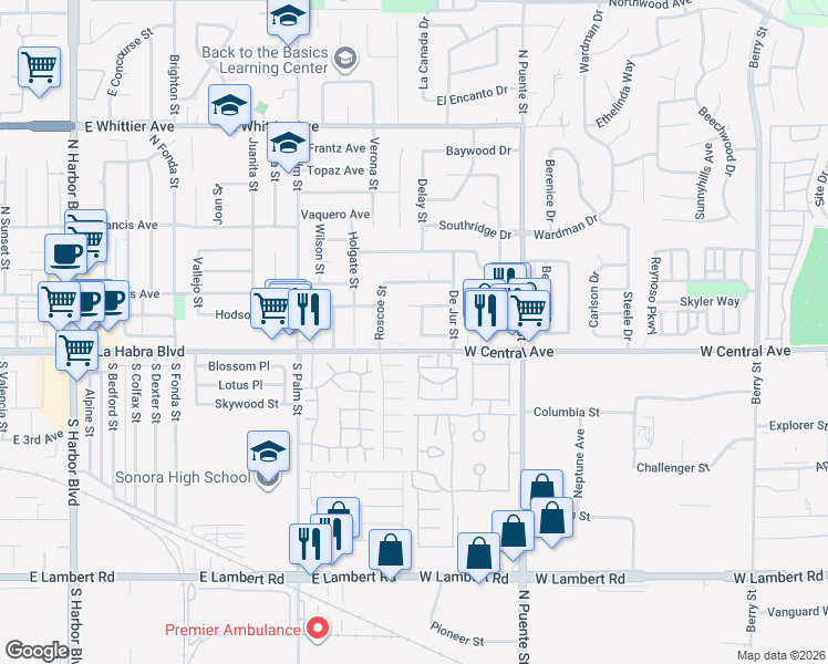 map of restaurants, bars, coffee shops, grocery stores, and more near 820 Worthington Street in Brea