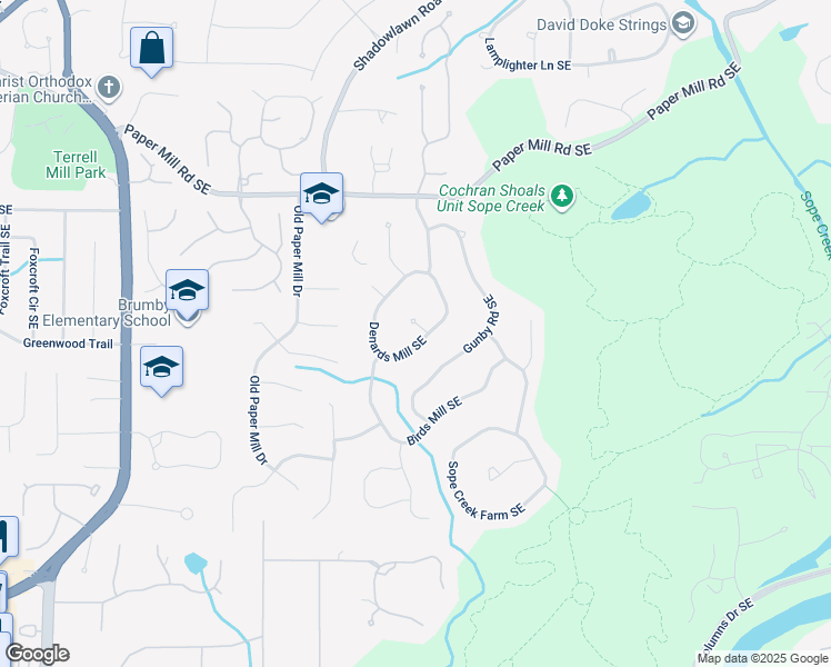 map of restaurants, bars, coffee shops, grocery stores, and more near 3500 Inman Hill Southeast in Marietta