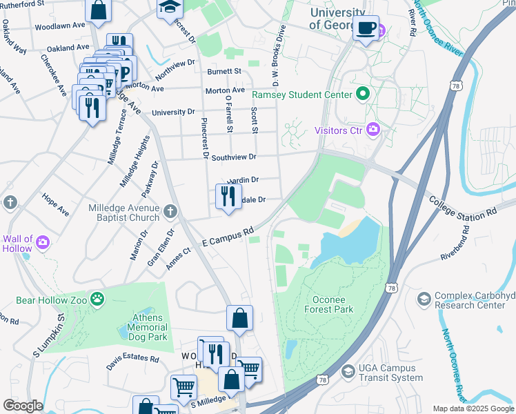 map of restaurants, bars, coffee shops, grocery stores, and more near 160 Riverdale Drive in Athens
