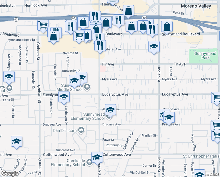 map of restaurants, bars, coffee shops, grocery stores, and more near 2 Eucalyptus Avenue in Moreno Valley