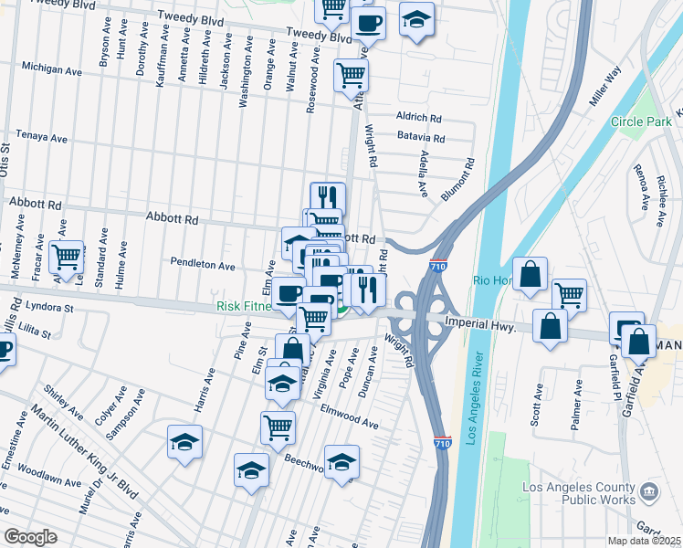 map of restaurants, bars, coffee shops, grocery stores, and more near 10850 Atlantic Avenue in Lynwood