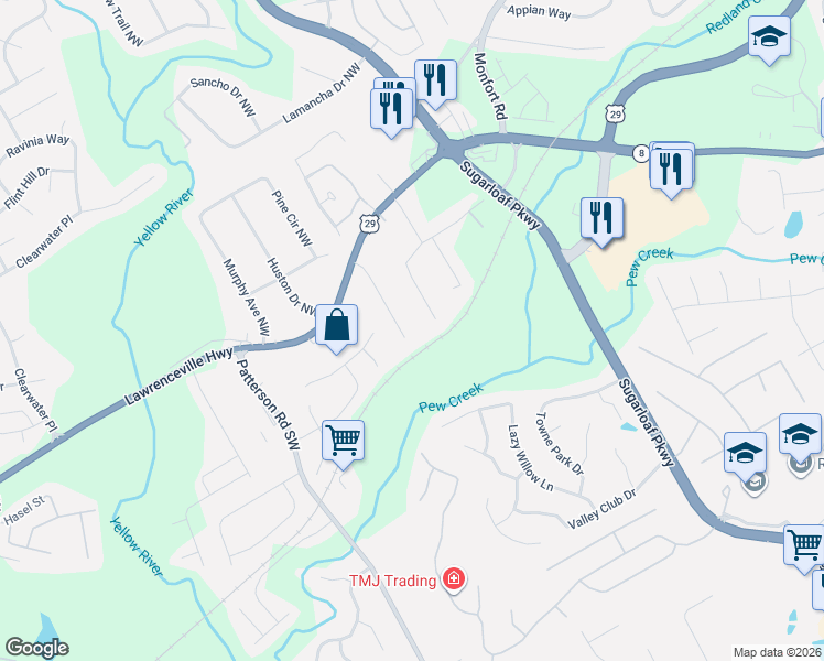 map of restaurants, bars, coffee shops, grocery stores, and more near 93 Davis Mill Court in Lawrenceville