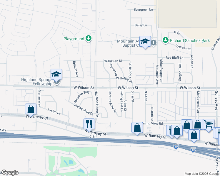 map of restaurants, bars, coffee shops, grocery stores, and more near 899 Dorothy Anna Drive in Banning