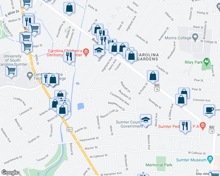 map of restaurants, bars, coffee shops, grocery stores, and more near 124 Radcliff Drive in Sumter