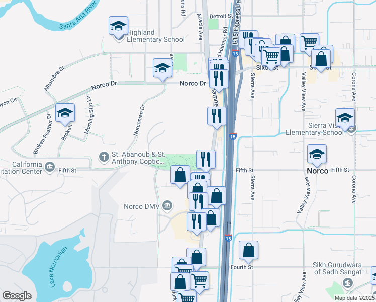 map of restaurants, bars, coffee shops, grocery stores, and more near 3480 Hamner Avenue in Norco