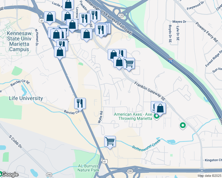 map of restaurants, bars, coffee shops, grocery stores, and more near 720 Franklin Gateway Southeast in Marietta