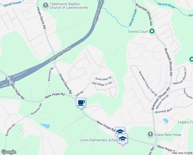 map of restaurants, bars, coffee shops, grocery stores, and more near 948 Still Hill Lane Southeast in Lawrenceville