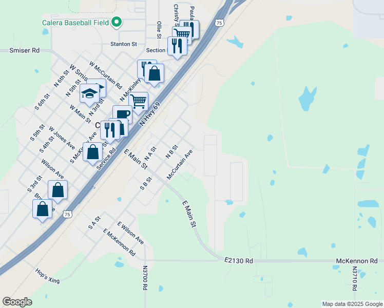 map of restaurants, bars, coffee shops, grocery stores, and more near 308 McCurtain Avenue in Calera