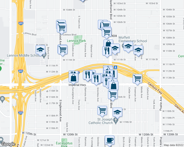 map of restaurants, bars, coffee shops, grocery stores, and more near 11205 South Mansel Avenue in Inglewood