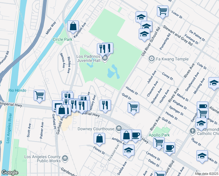 map of restaurants, bars, coffee shops, grocery stores, and more near 7340 Quill Drive in Downey