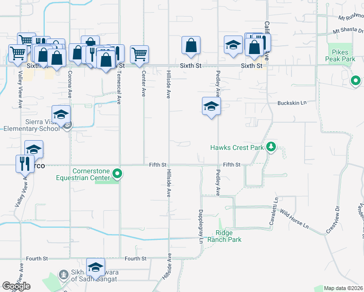 map of restaurants, bars, coffee shops, grocery stores, and more near 3475 Hillside Avenue in Norco