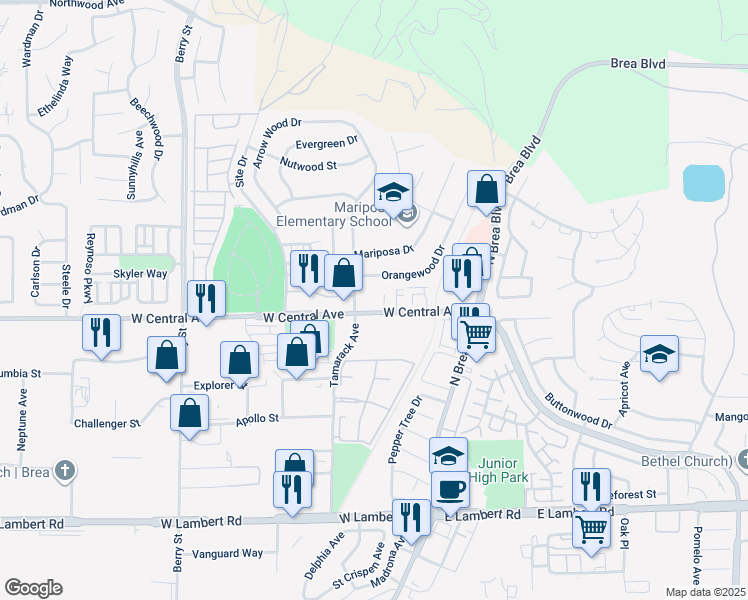 map of restaurants, bars, coffee shops, grocery stores, and more near 285 West Central Avenue in Brea