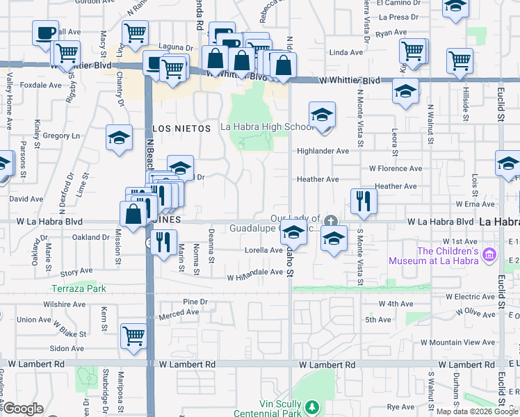 map of restaurants, bars, coffee shops, grocery stores, and more near 111 La Plaza Drive in La Habra