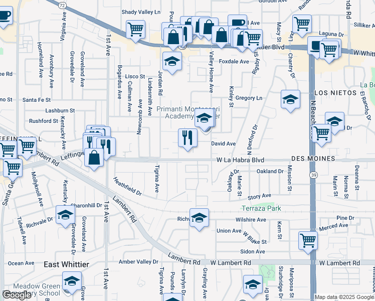 map of restaurants, bars, coffee shops, grocery stores, and more near 16504 La Quinta Way in Whittier