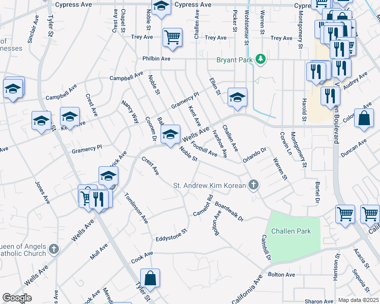 map of restaurants, bars, coffee shops, grocery stores, and more near 5119 Noble Street in Riverside