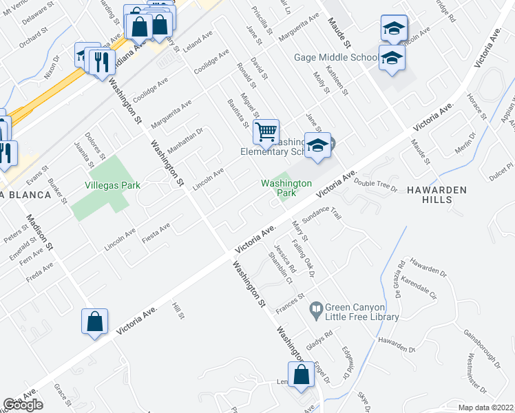 map of restaurants, bars, coffee shops, grocery stores, and more near 6912 Harvest Lane in Riverside