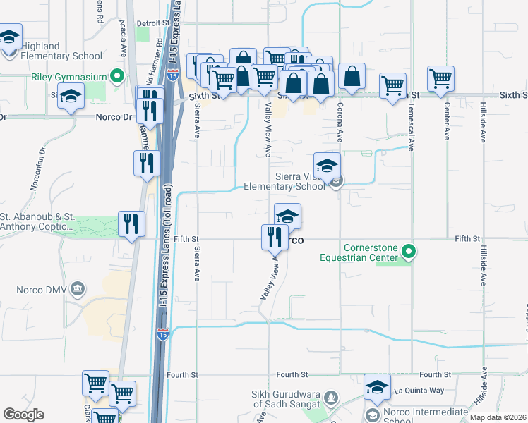 map of restaurants, bars, coffee shops, grocery stores, and more near 3498 Valley View Avenue in Norco