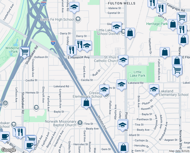 map of restaurants, bars, coffee shops, grocery stores, and more near 11513 Buell Street in Santa Fe Springs