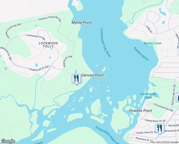 map of restaurants, bars, coffee shops, grocery stores, and more near 92 Genoe's Point Road Southwest in Brunswick