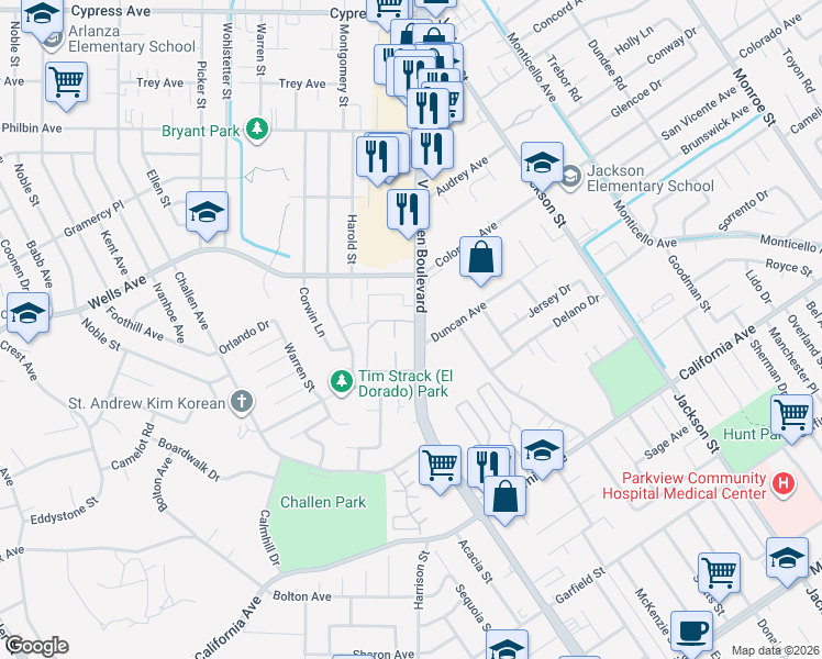 map of restaurants, bars, coffee shops, grocery stores, and more near 4620 Van Buren Boulevard in Riverside
