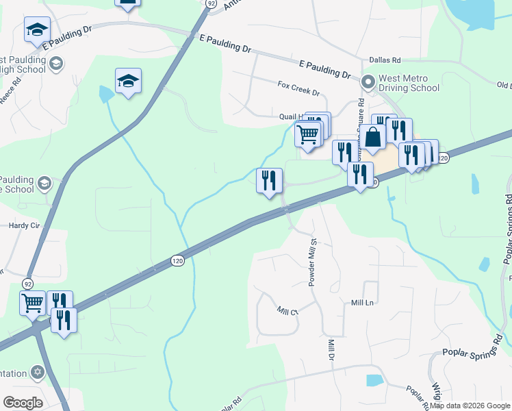 map of restaurants, bars, coffee shops, grocery stores, and more near 3517 Marietta Highway in Dallas