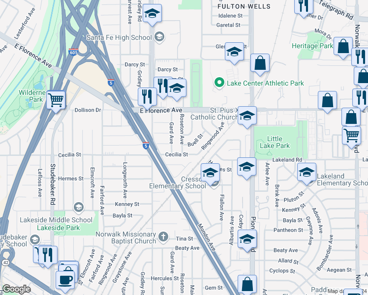 map of restaurants, bars, coffee shops, grocery stores, and more near 11502 Buell Street in Santa Fe Springs