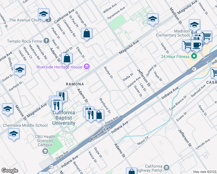 map of restaurants, bars, coffee shops, grocery stores, and more near 3665 Crowell Avenue in Riverside