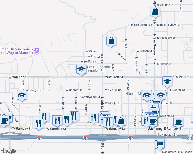 map of restaurants, bars, coffee shops, grocery stores, and more near 969 West Wilson Street in Banning