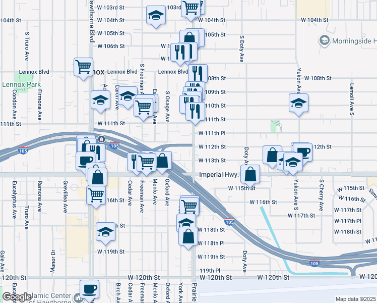 map of restaurants, bars, coffee shops, grocery stores, and more near 11207 South Prairie Avenue in Inglewood
