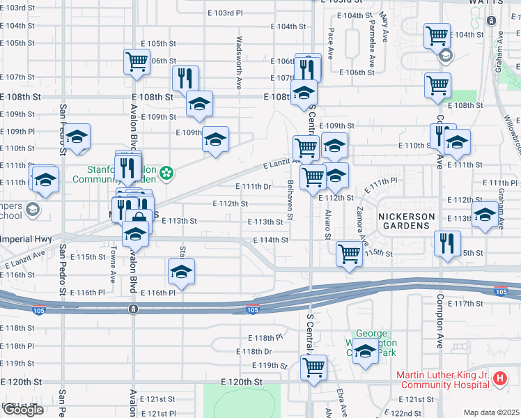 map of restaurants, bars, coffee shops, grocery stores, and more near 932 East 112th Street in Los Angeles