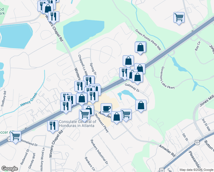 map of restaurants, bars, coffee shops, grocery stores, and more near 3381 Marla Boulevard Northwest in Peachtree Corners