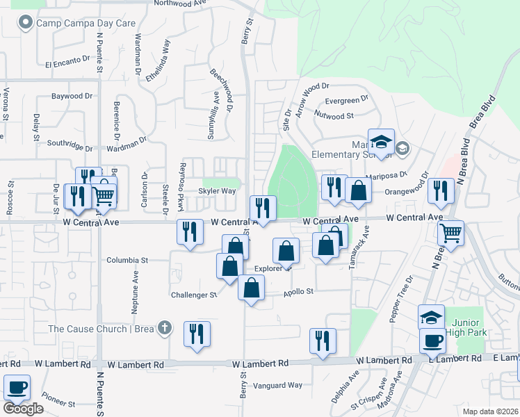 map of restaurants, bars, coffee shops, grocery stores, and more near 1051 Site Drive in Brea