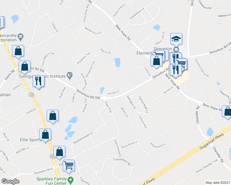 map of restaurants, bars, coffee shops, grocery stores, and more near 18 Dorothy Ln in Lawrenceville