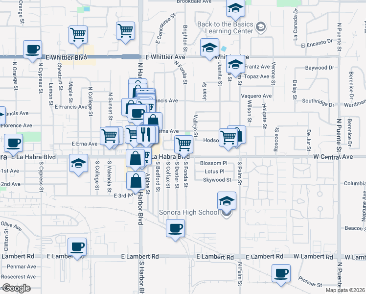 map of restaurants, bars, coffee shops, grocery stores, and more near 141 North Fonda Street in La Habra
