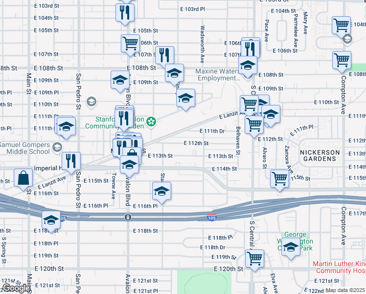 map of restaurants, bars, coffee shops, grocery stores, and more near 825 East 112th Street in Los Angeles