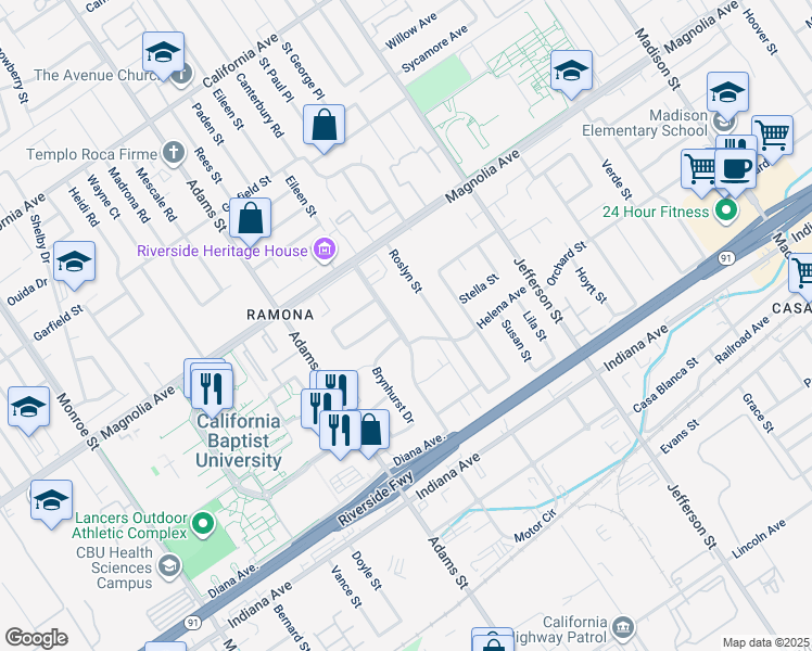 map of restaurants, bars, coffee shops, grocery stores, and more near 3665 Crowell Avenue in Riverside