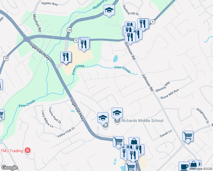 map of restaurants, bars, coffee shops, grocery stores, and more near 1300 Grayland Hills Trail in Lawrenceville